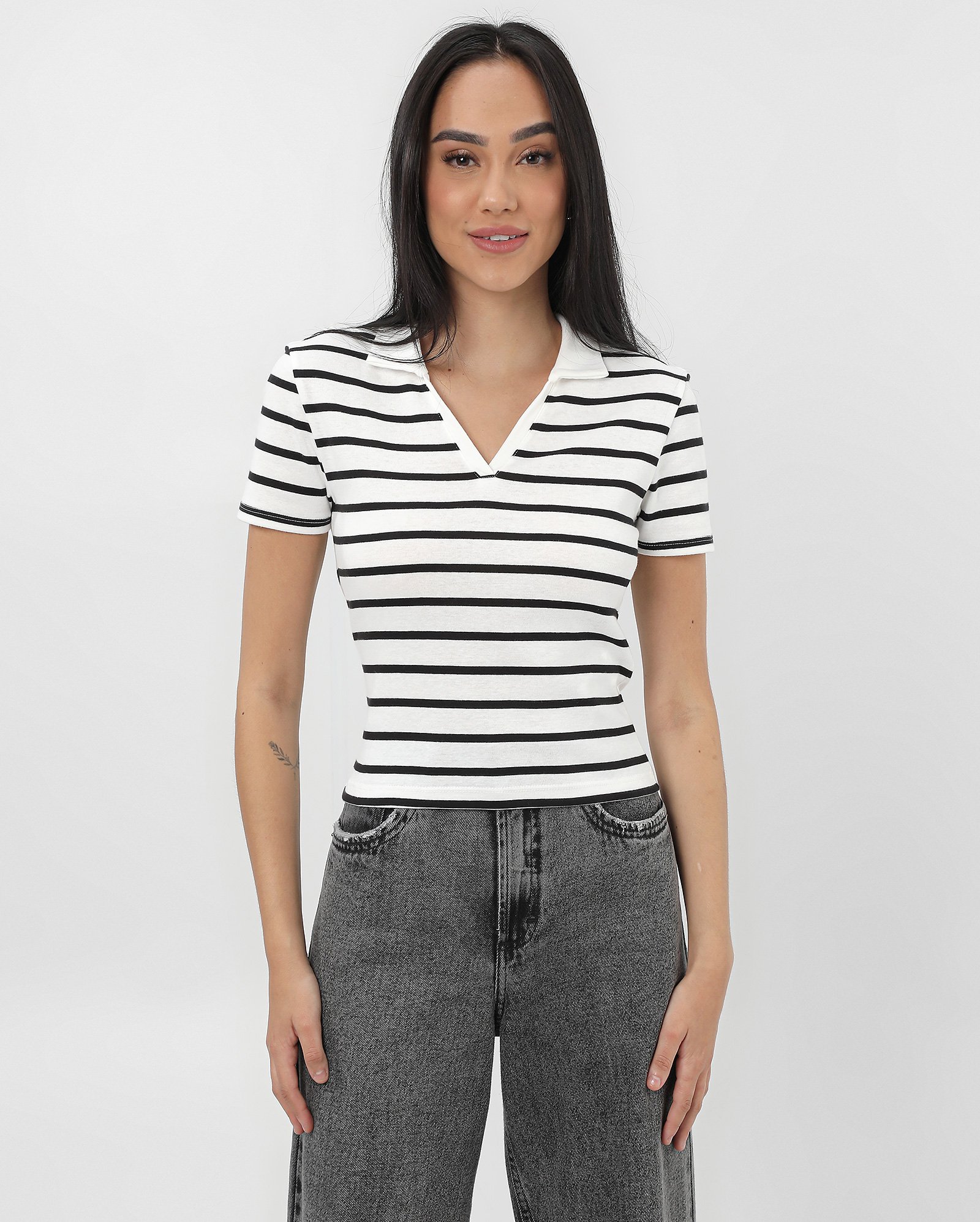 Camisa polo feminina listras - Branco | Pool
