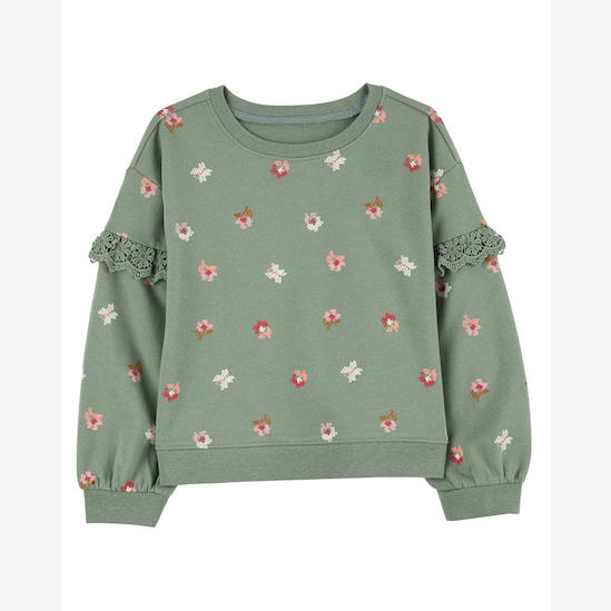 Blusa de moletom infantil com babado floral verde | Carter's