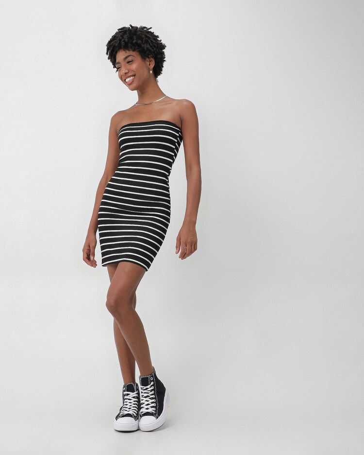 Midi Listrado Preto Vestido Canelado Listrado Vestido Tubinho