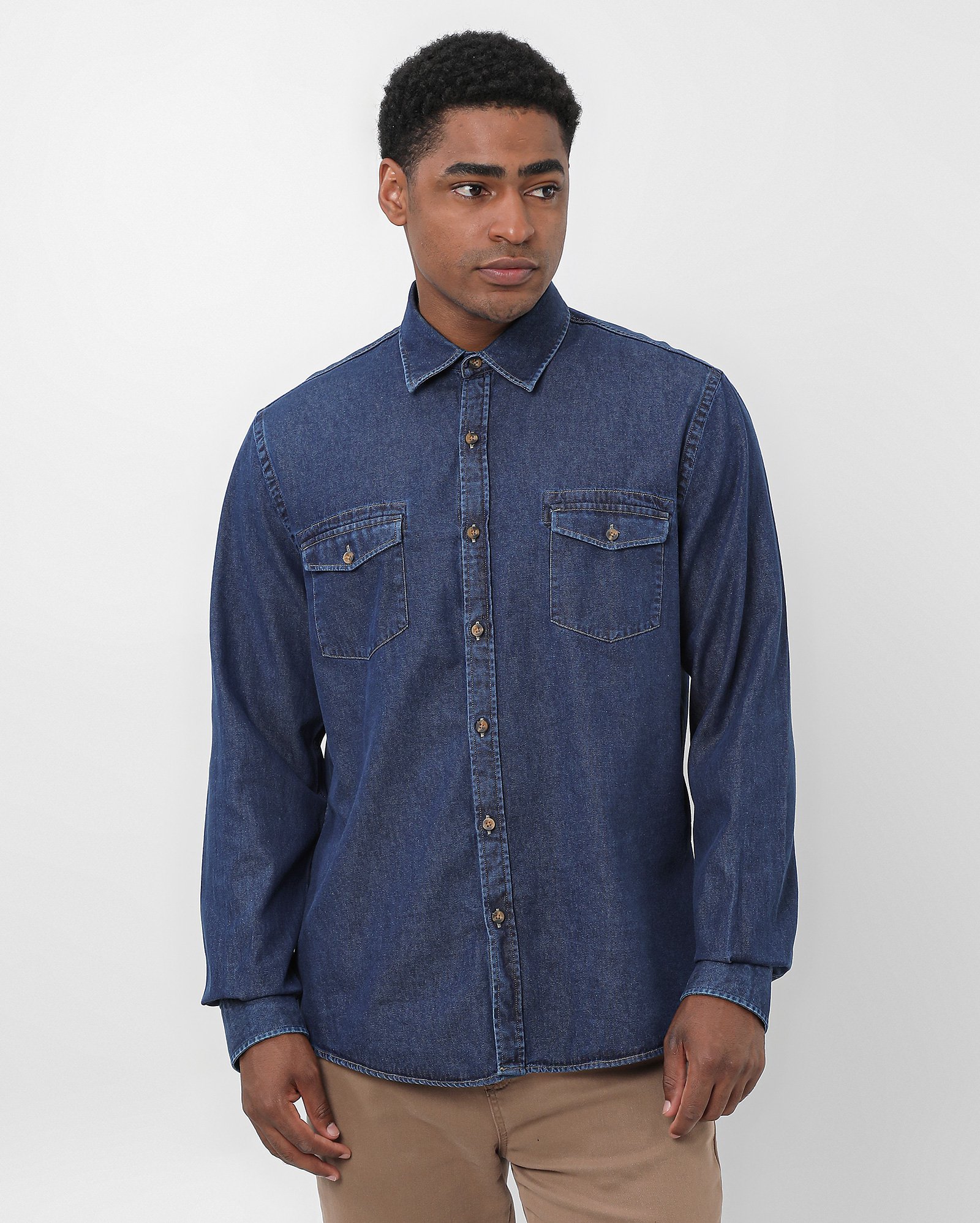 Camisa jeans masculina regular com 2 bolsos denim escuro | Pool Jeans