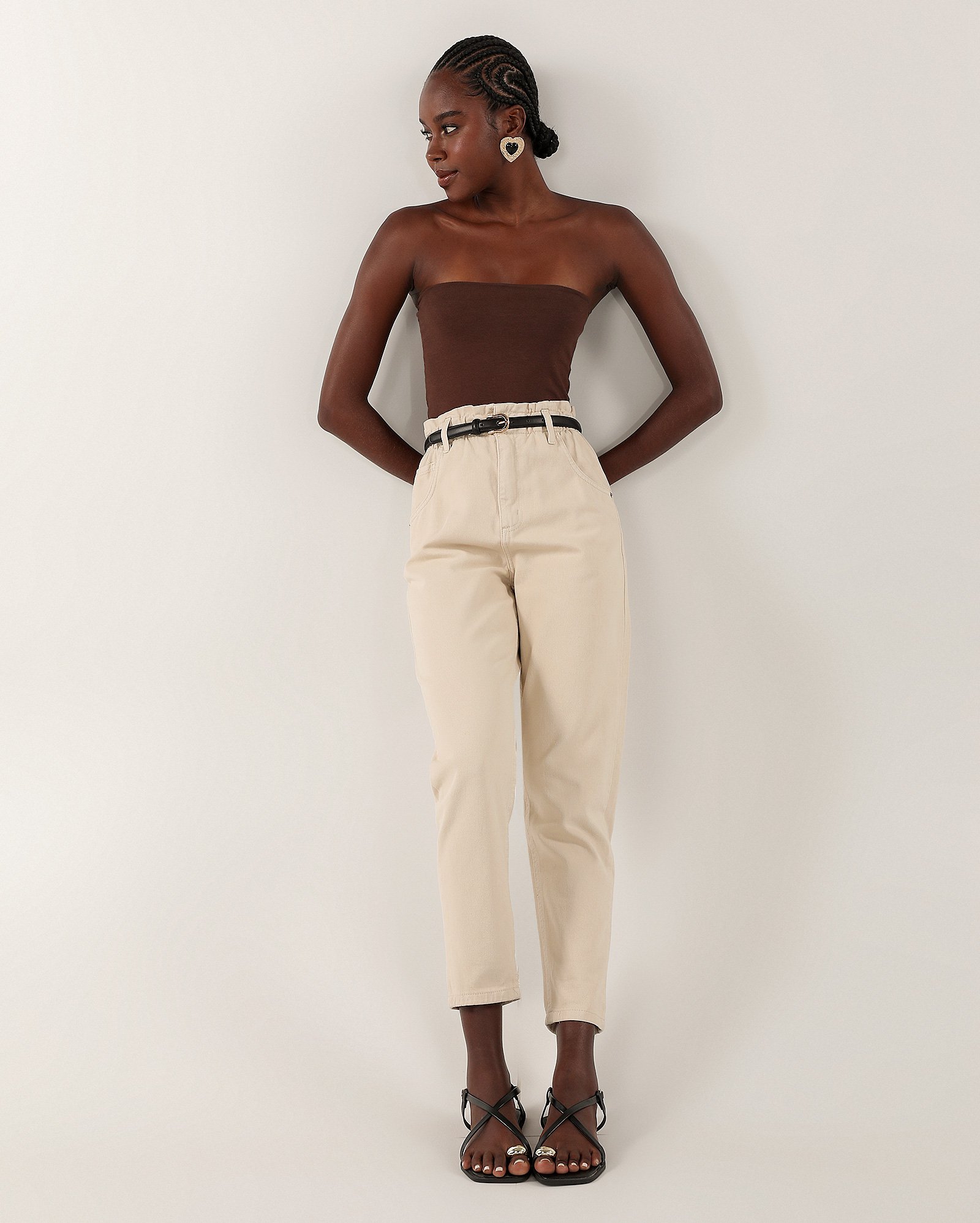 Calça jeans feminina baggy cintura alta - Bege Claro | Pool Jeans