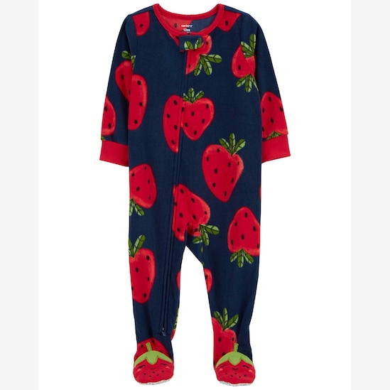 Macacão pijama bebê fleece morango azul | Carter's