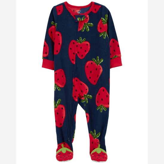Macacão pijama infantil de fleece morango azul | Carter's
