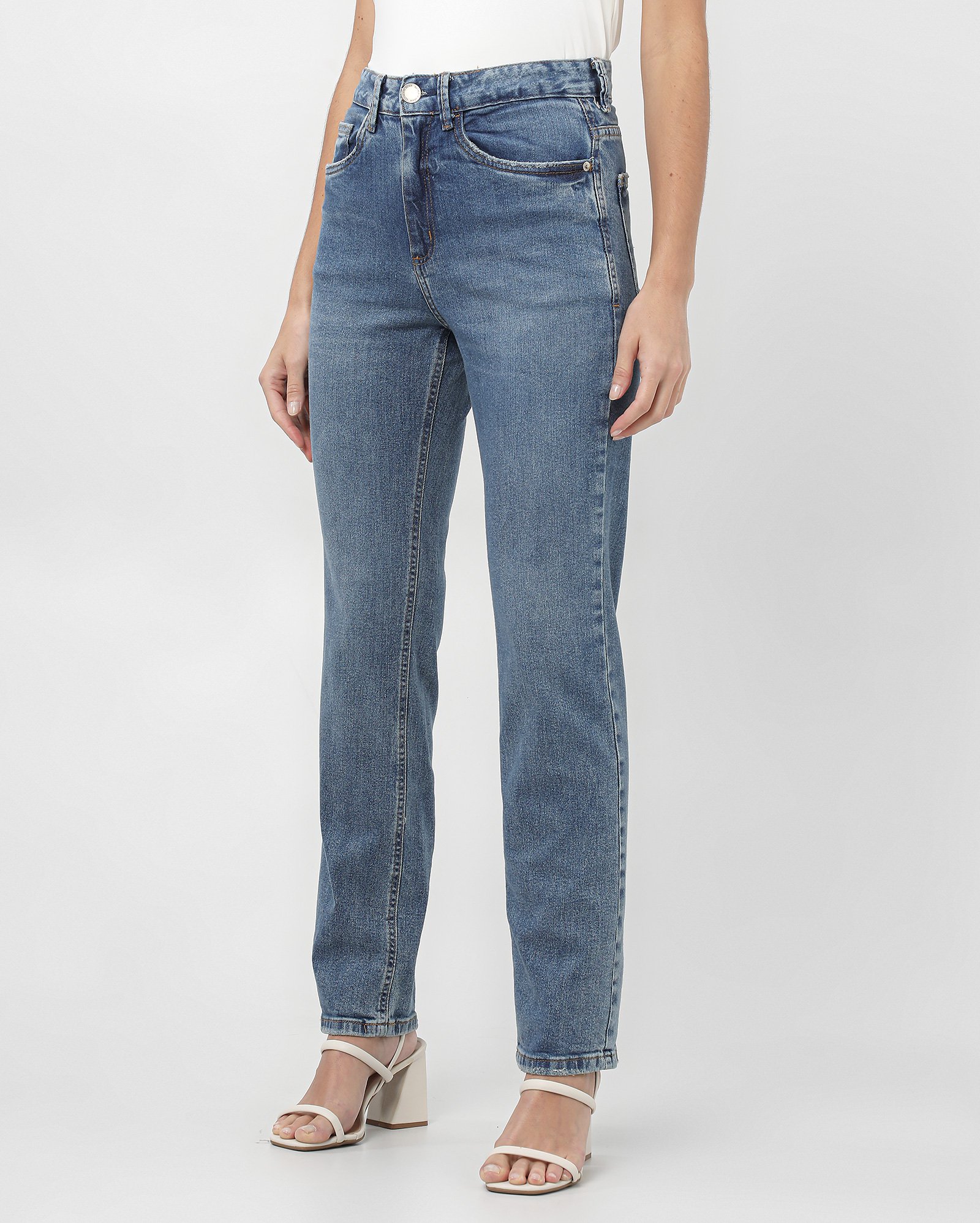 Calça jeans feminina reta stretch cintura média - Jeans Médio | Pool Jeans