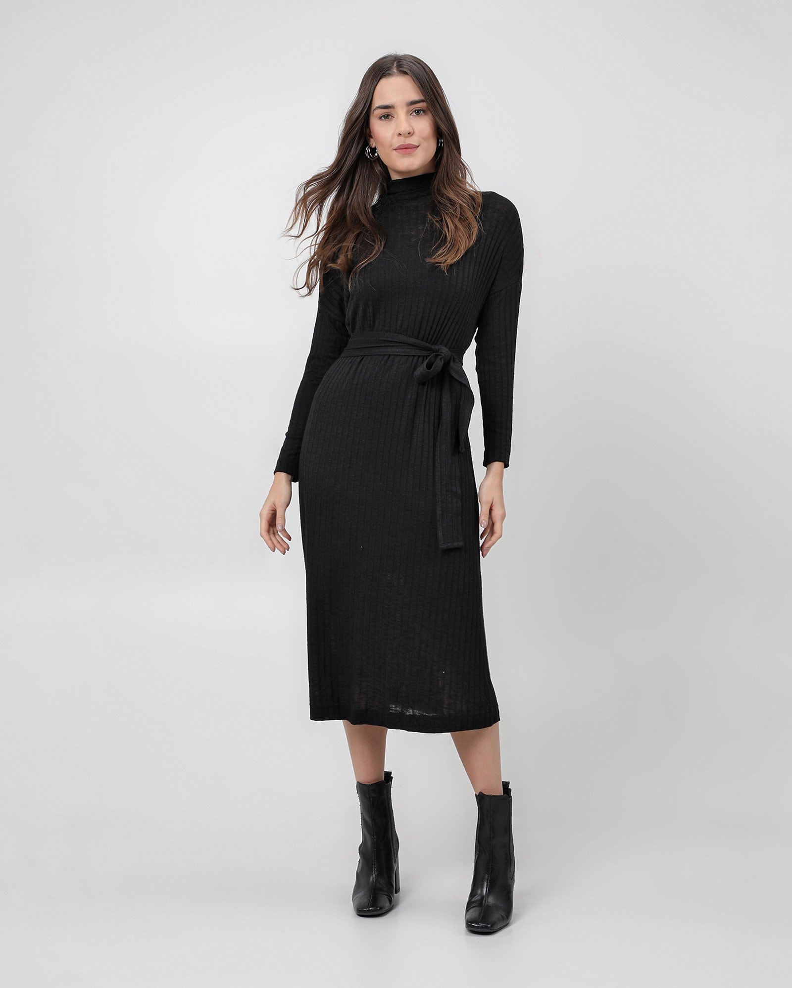 Riachuelo | Vestido longo manga longa com gola alta canelado - Preto