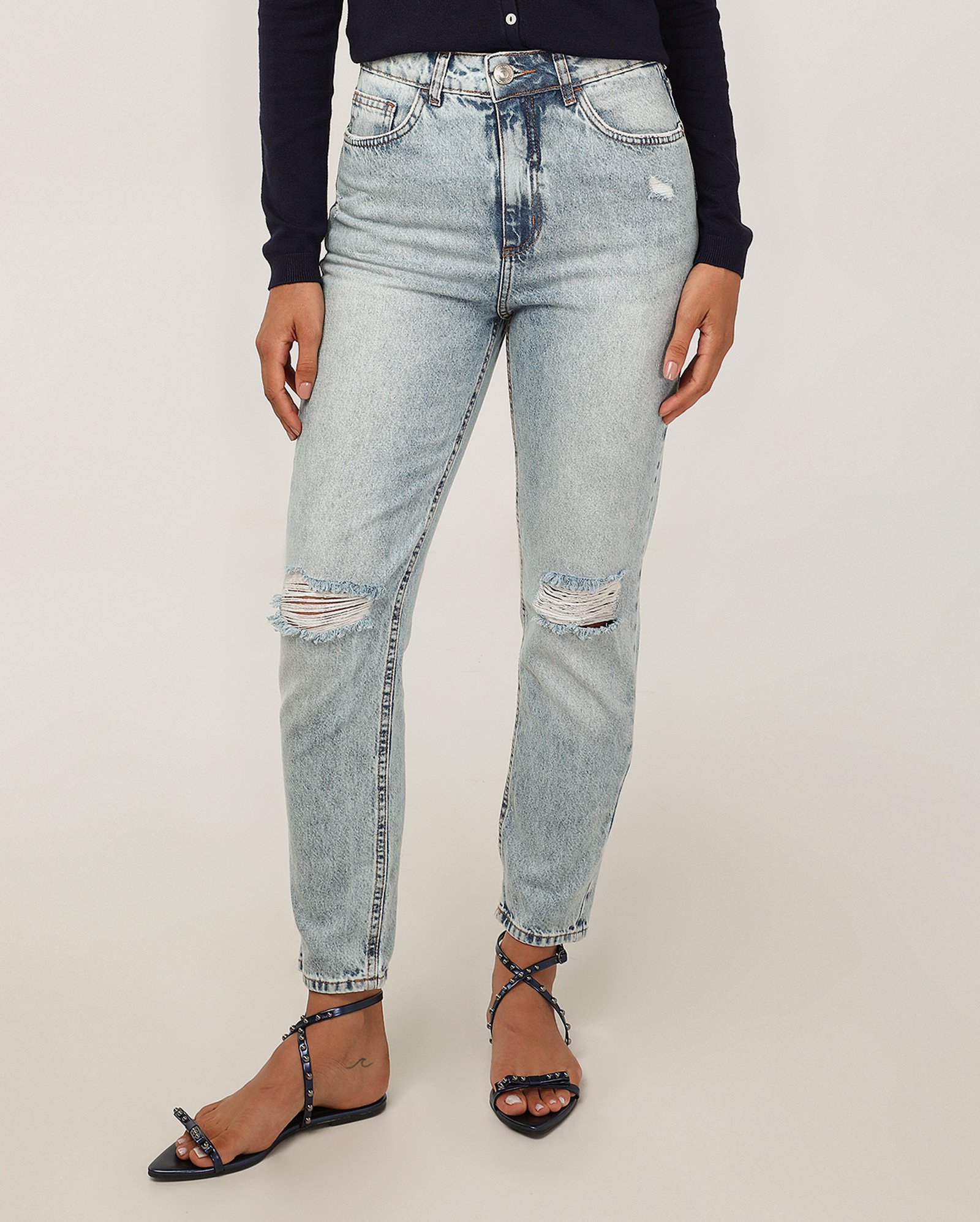 Calça jeans feminina mom cintura alta destroyed - Azul Claro | Pool Jeans