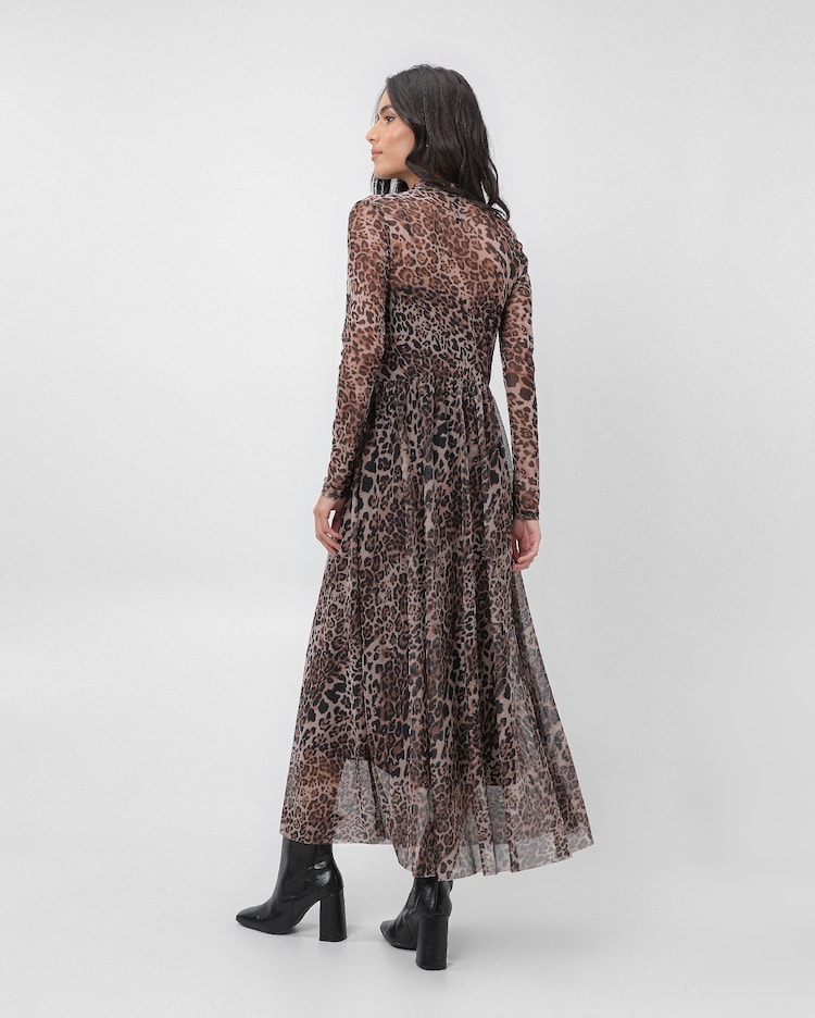 Riachuelo Vestido midi manga longa animal print onça marrom AK