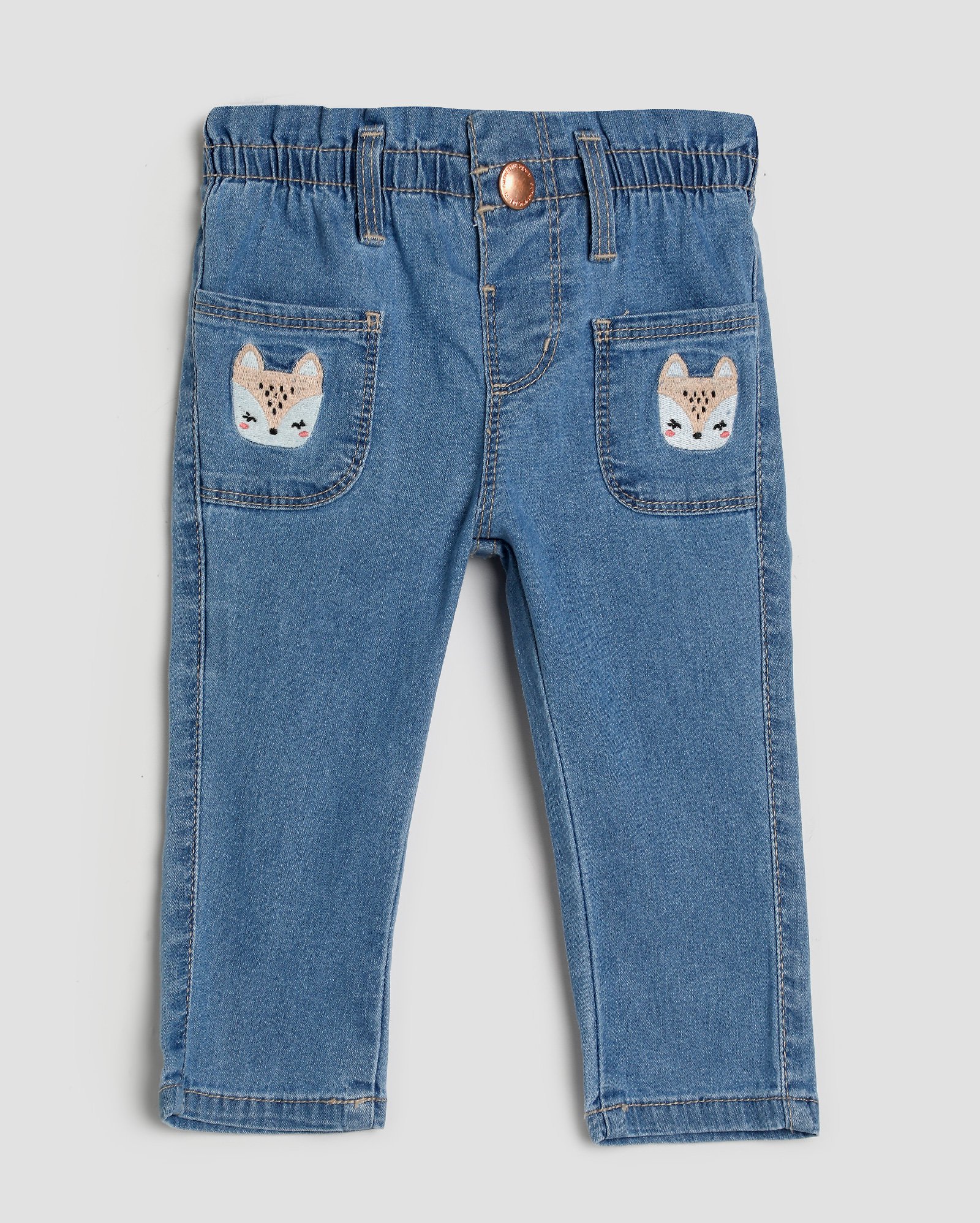 Riachuelo Calça jeans bebê baggy com bordado raposa denim médio