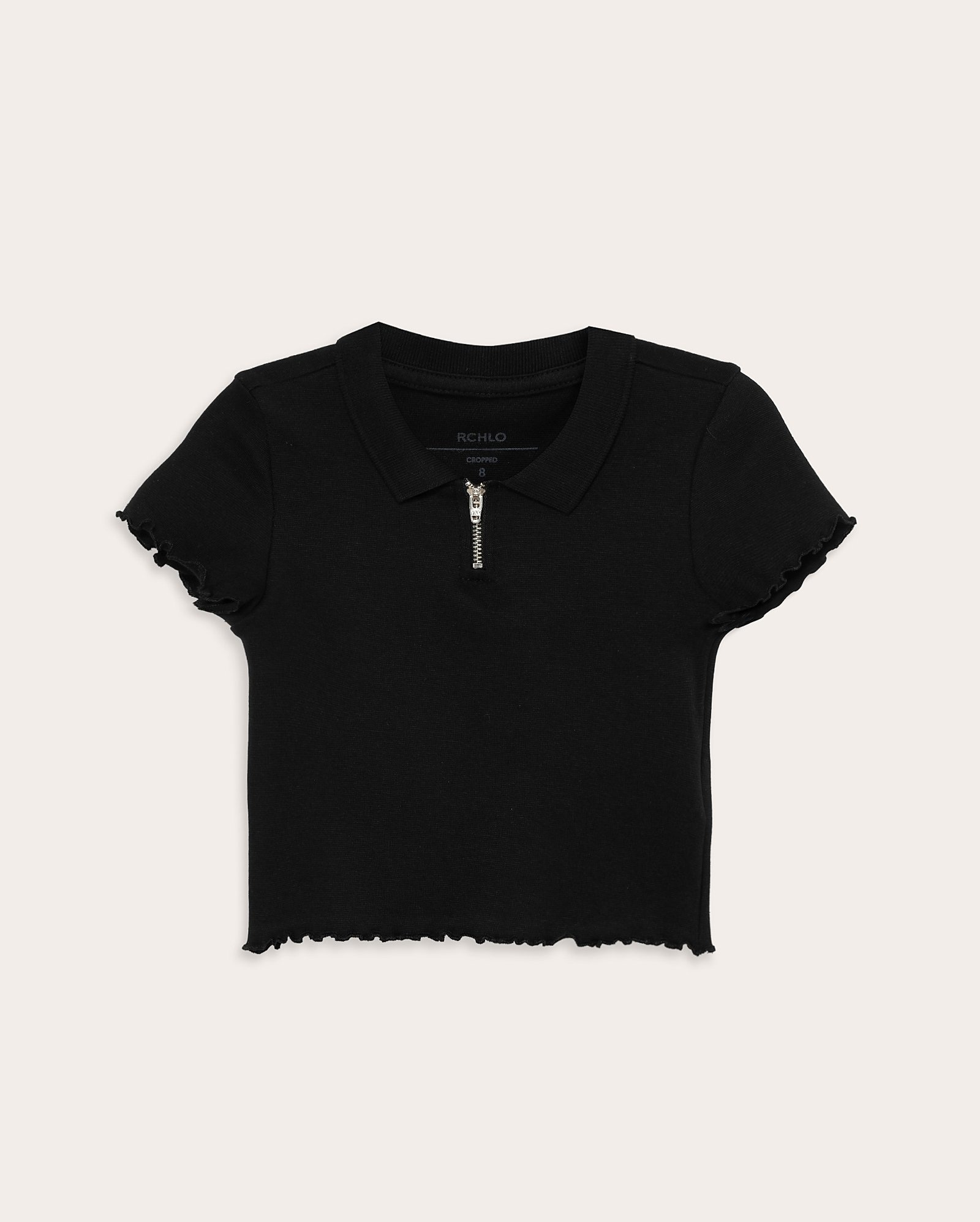 Polo cropped infantil em ripple com zíper 4-10A - Preto