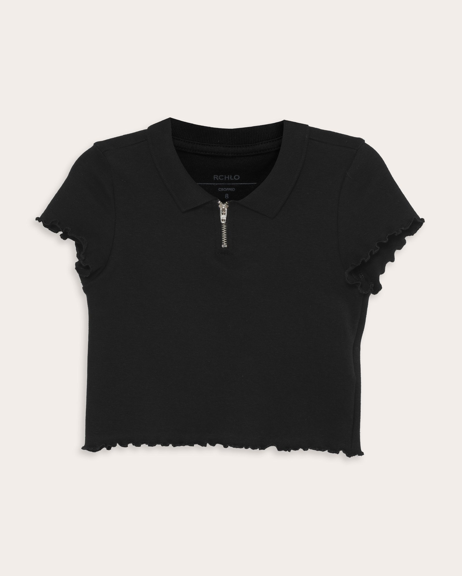 Camisa polo cropped infantil em ripple com zíper 4-10A - Preto