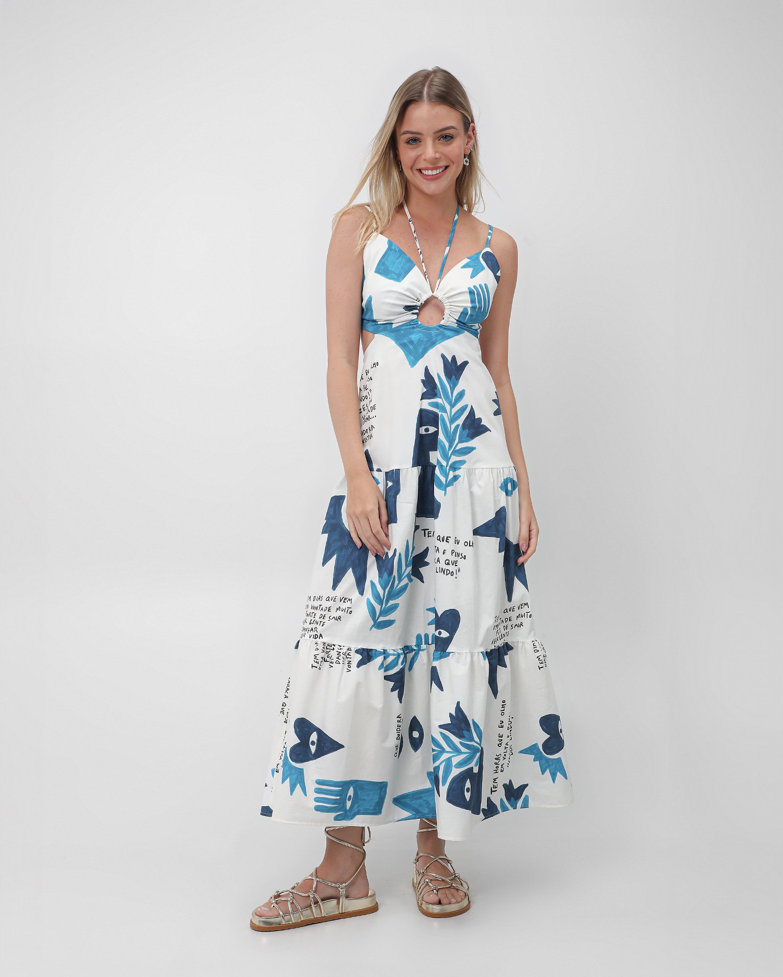 Riachuelo Vestido longo com recorte e amarração existir branco