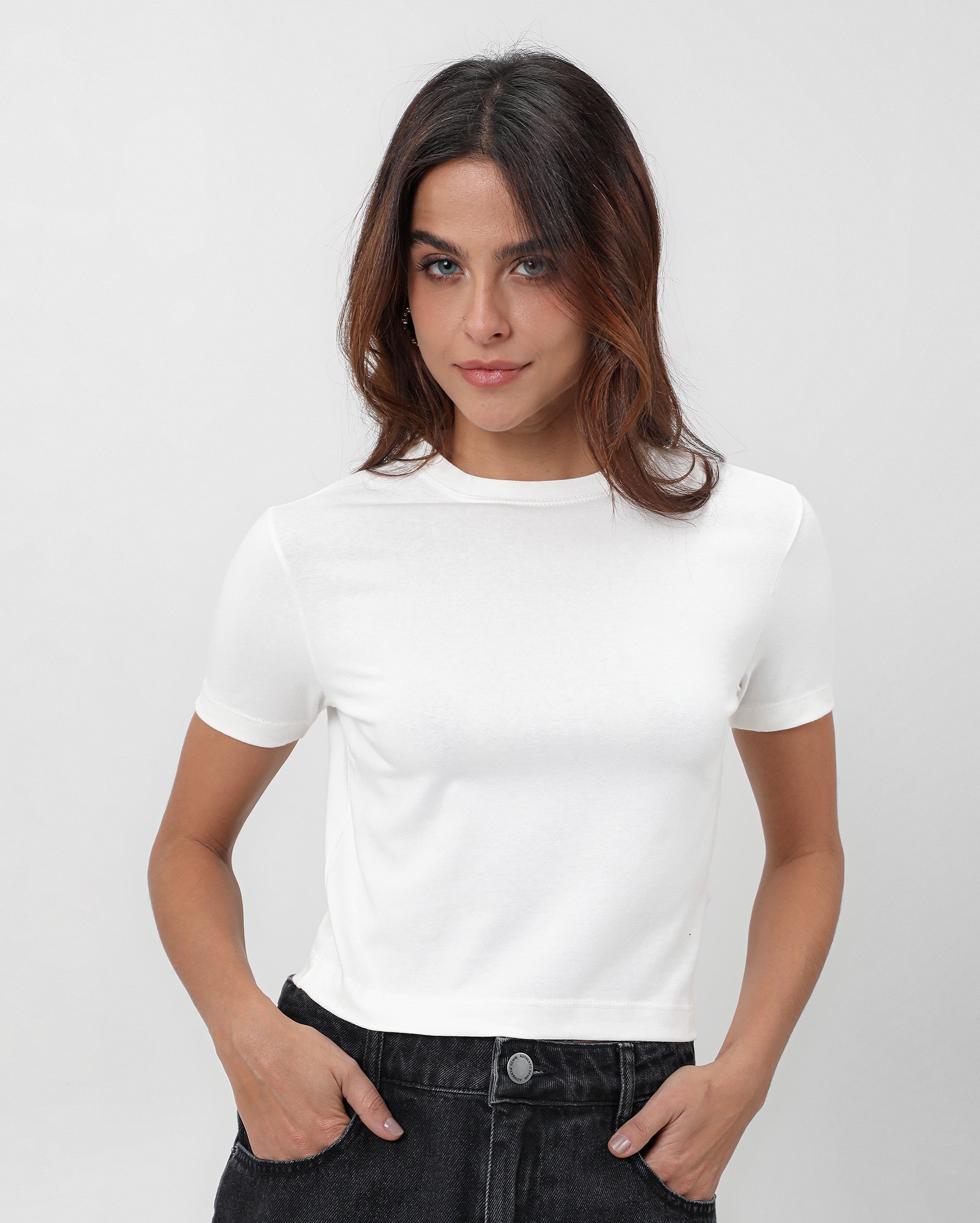 Camiseta cropped Camila lisa manga curta - Branco | Pool