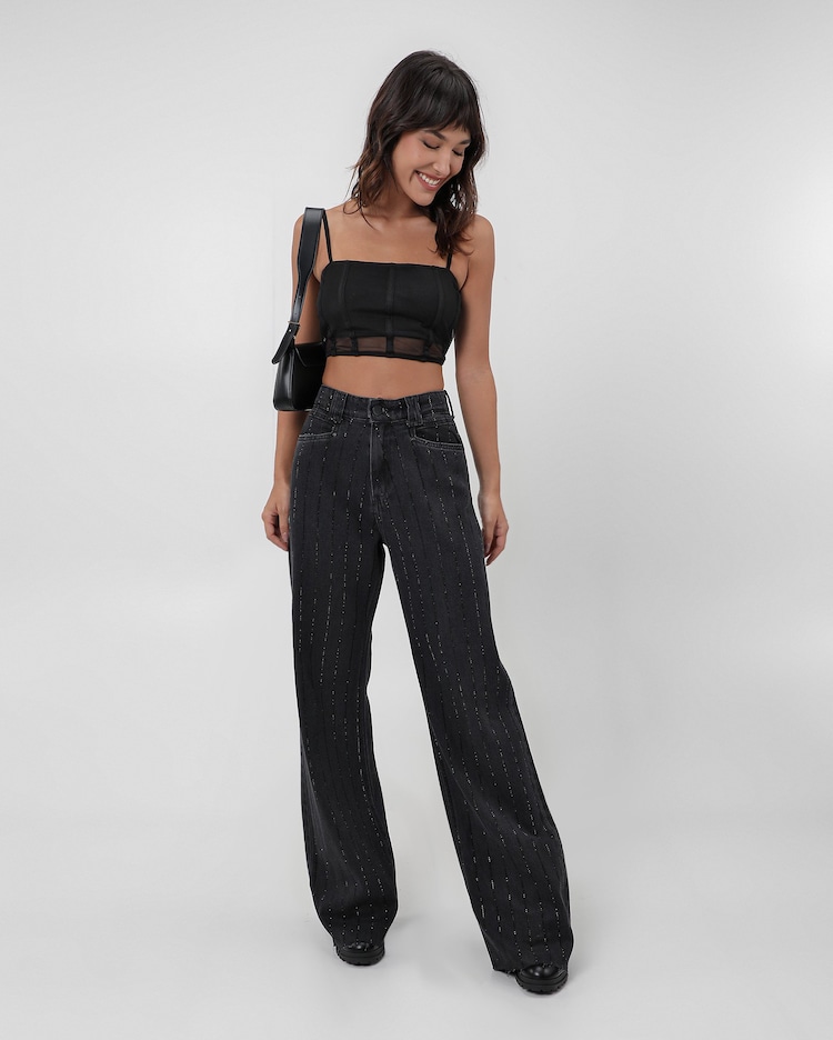 Riachuelo Calça black jeans feminina reta linhas de brilho