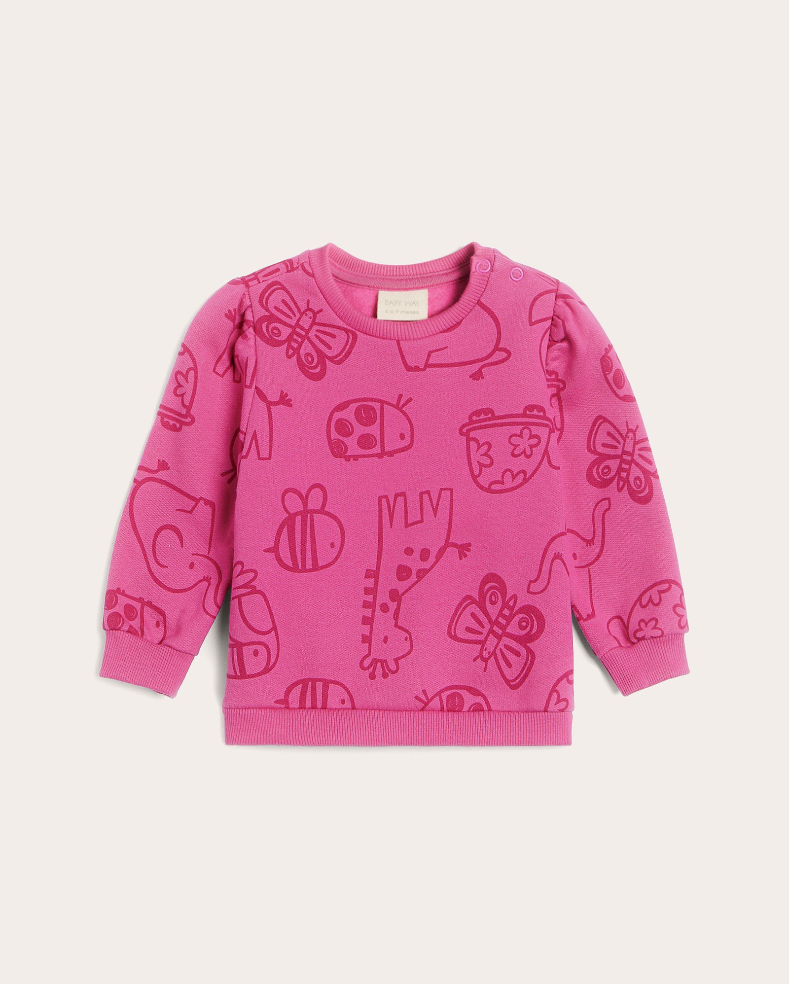 Blusa de moletom bebê bichinhos com botões rosa | Baby Way by Riachuelo