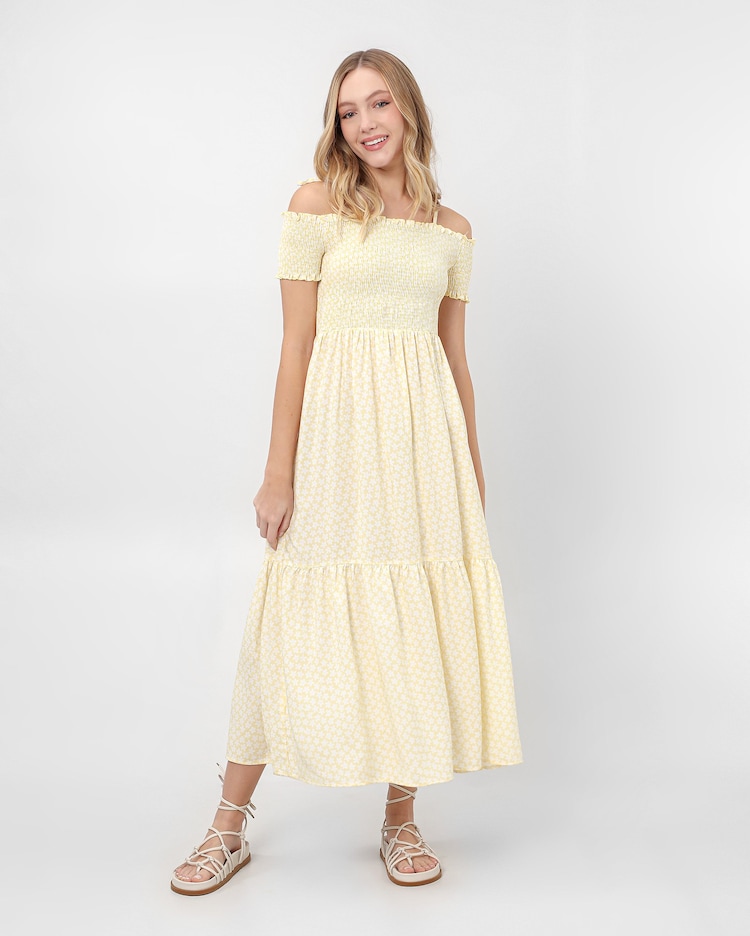 Riachuelo Vestido midi juvenil viscose evasê lastex floral