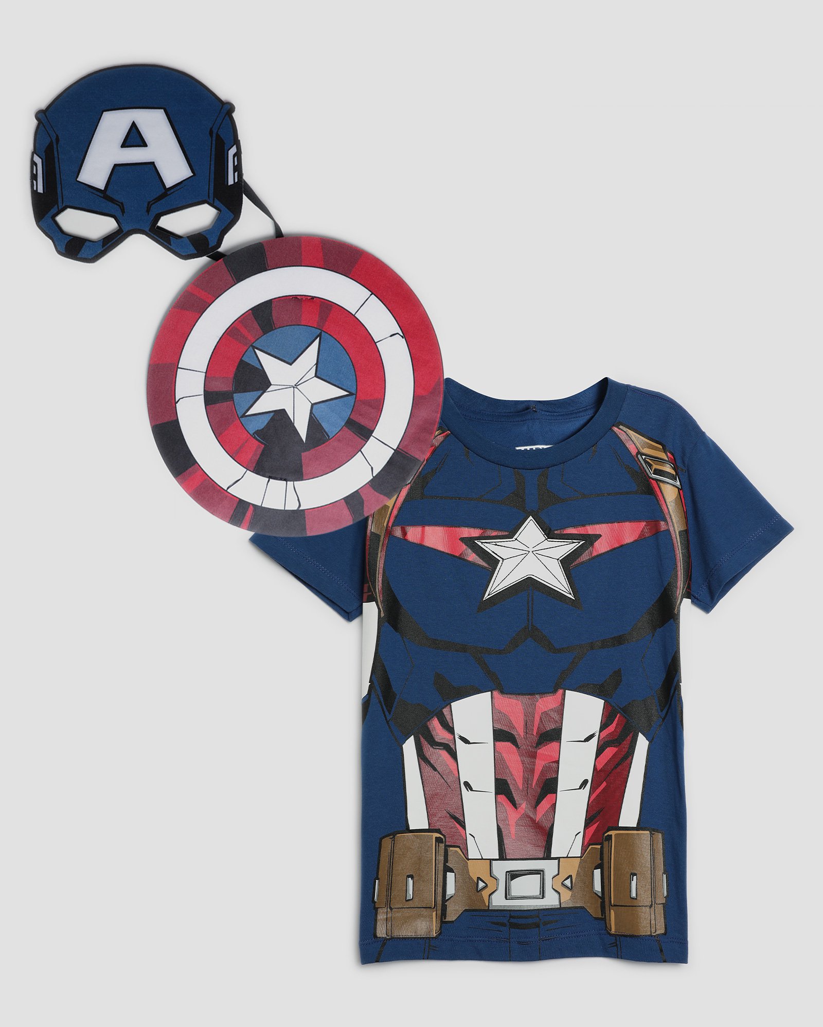 Camiseta infantil Capitão América com máscara e escudo 4-10A | FANLAB