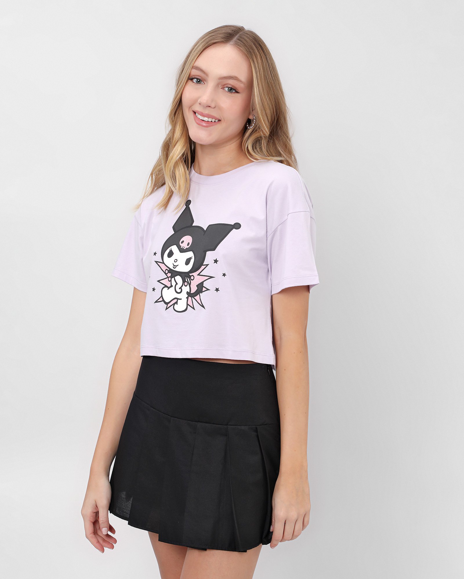 Camiseta juvenil Hello Kitty cropped Kuromi lilás | FANLAB