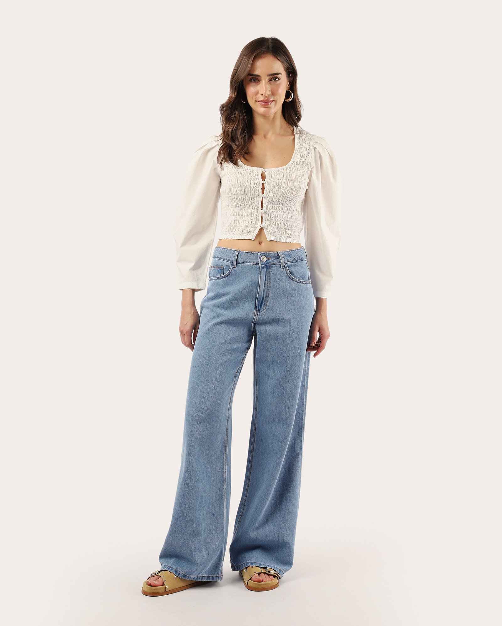 Calça jeans feminina wide leg cintura alta - denim claro | Pool Jeans