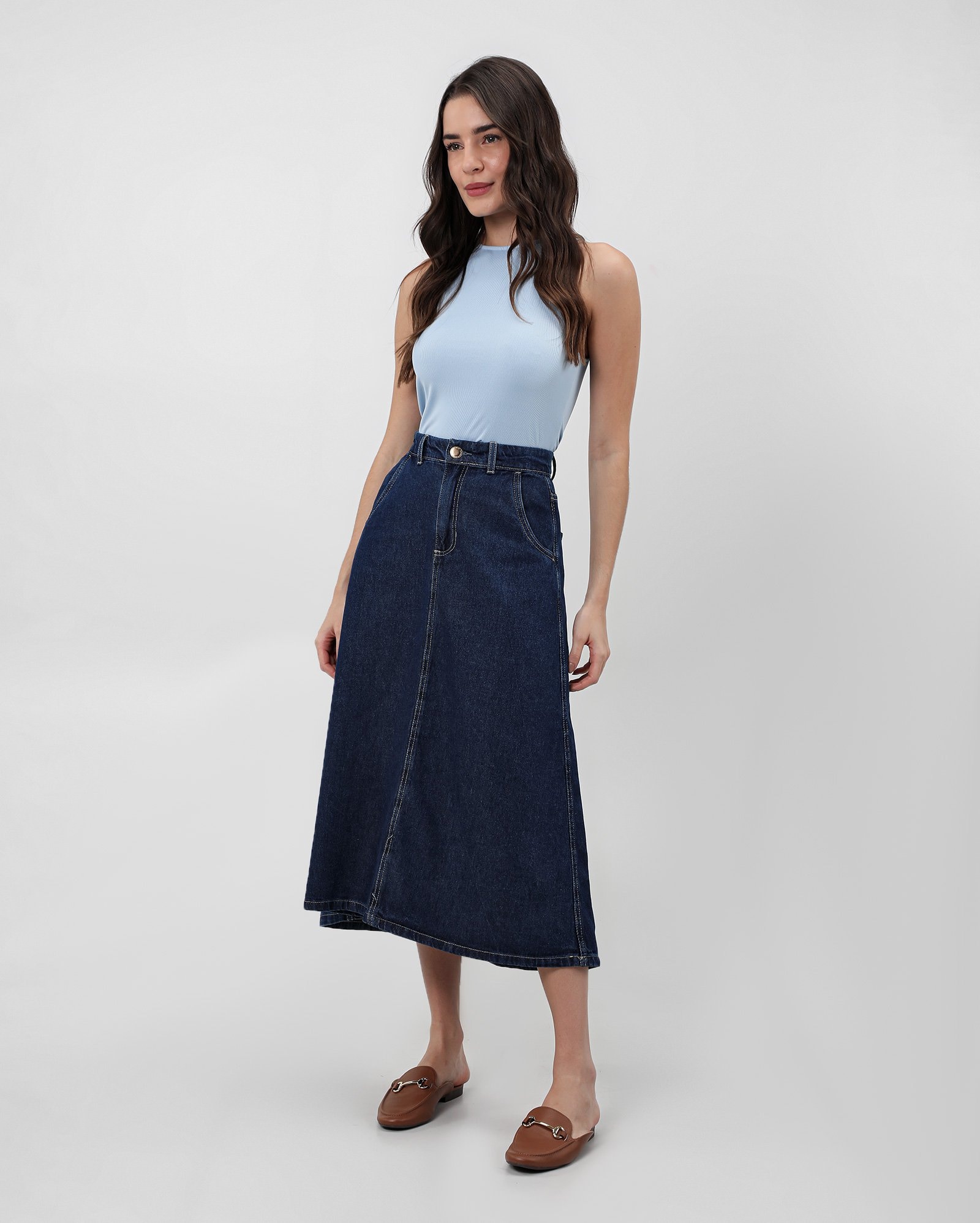 Riachuelo | Saia jeans evasê midi cós alto denim escuro | Pool Jeans