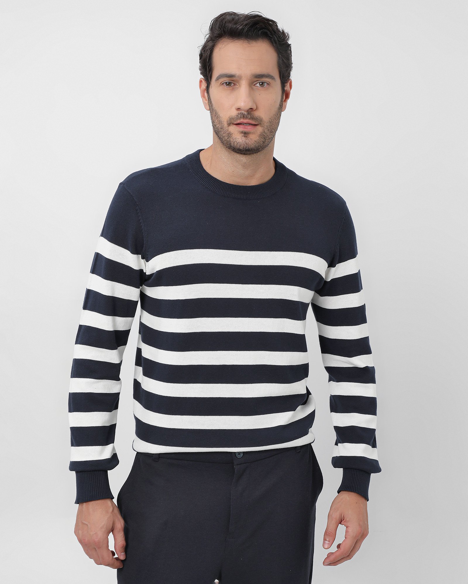 Suéter masculino regular de tricot listrado - Azul Escuro | Original by Riachuelo