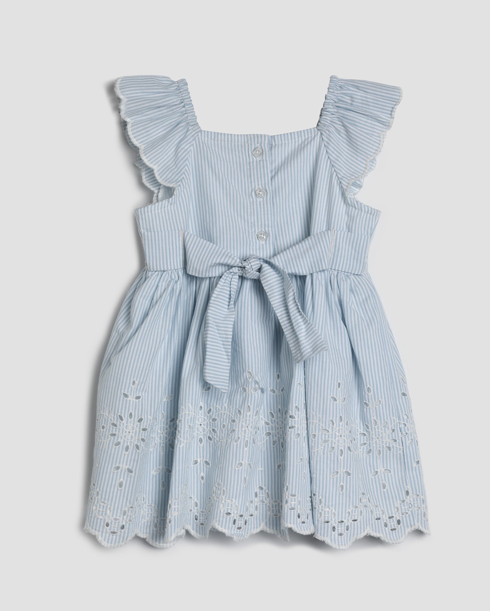 Vestido bebê evasê laise com babados listrado + calcinha azul | Baby Way