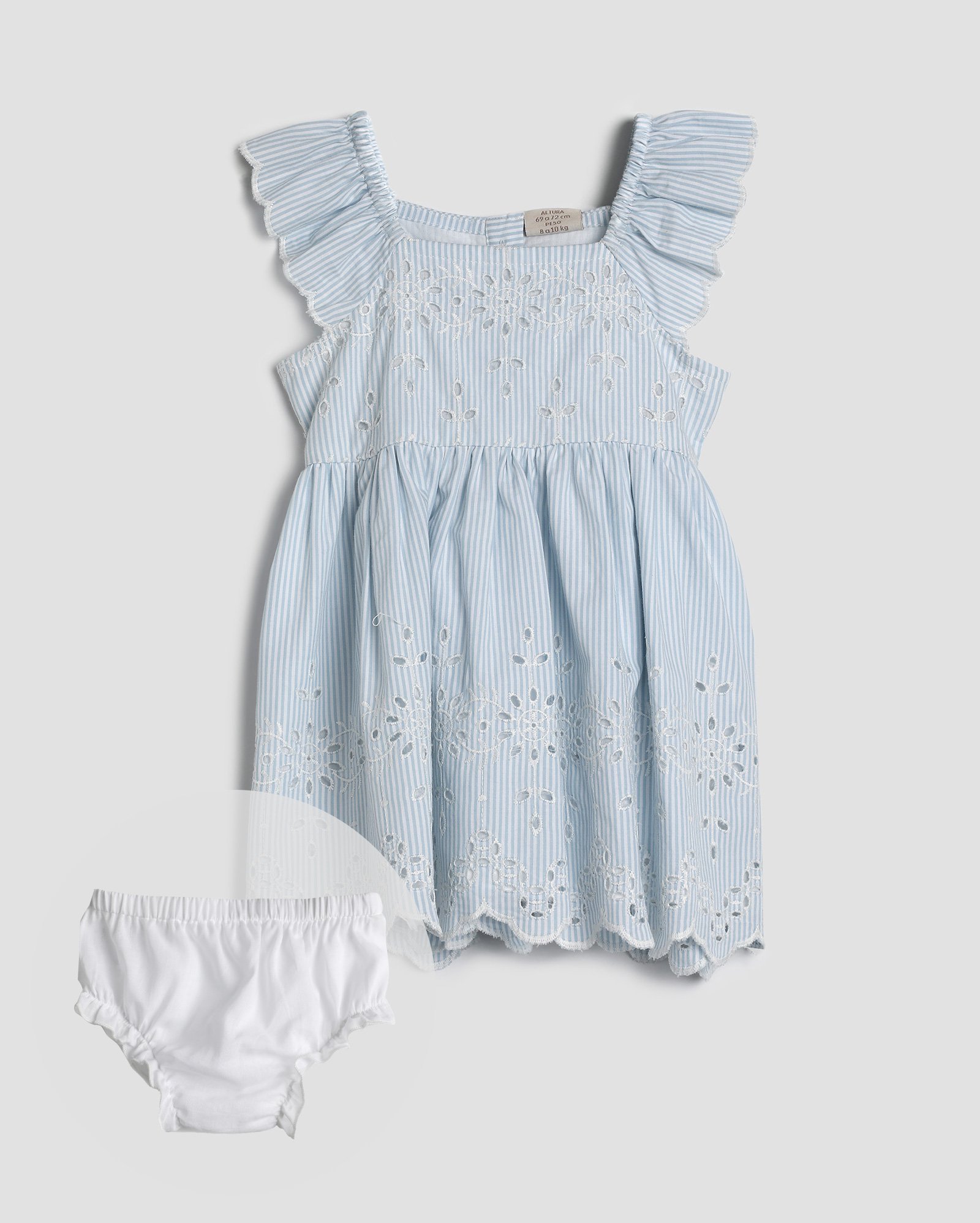 Vestido bebê evasê laise com babados listrado + calcinha azul | Baby Way
