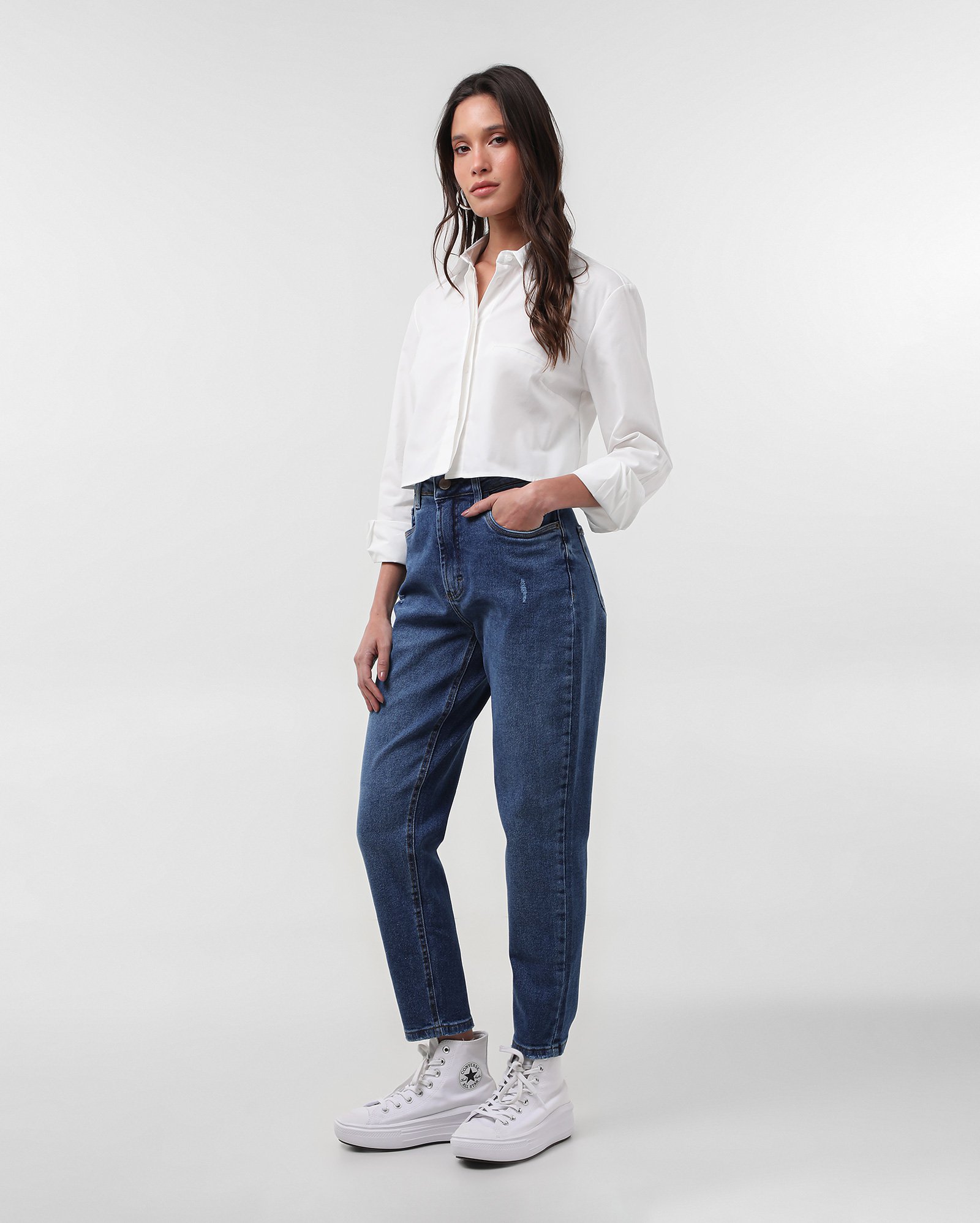 Calça jeans feminina mom cintura alta puídos denim escuro | Pool Jeans