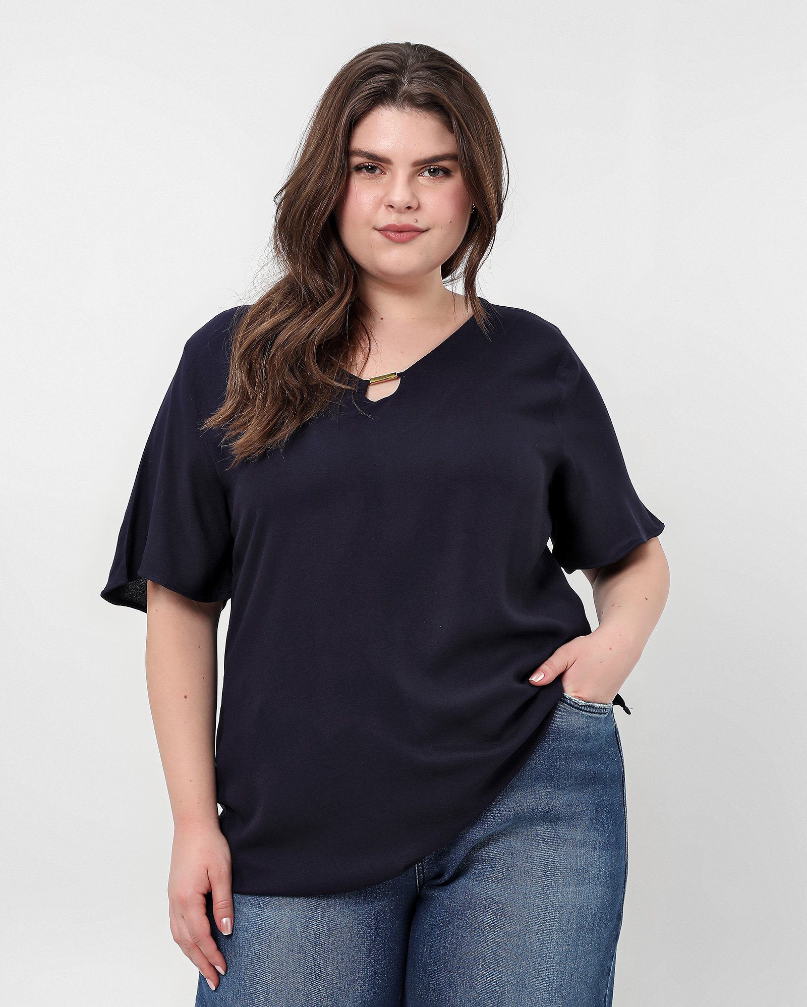 Riachuelo Blusa plus size feminina manga curta lisa azul AK