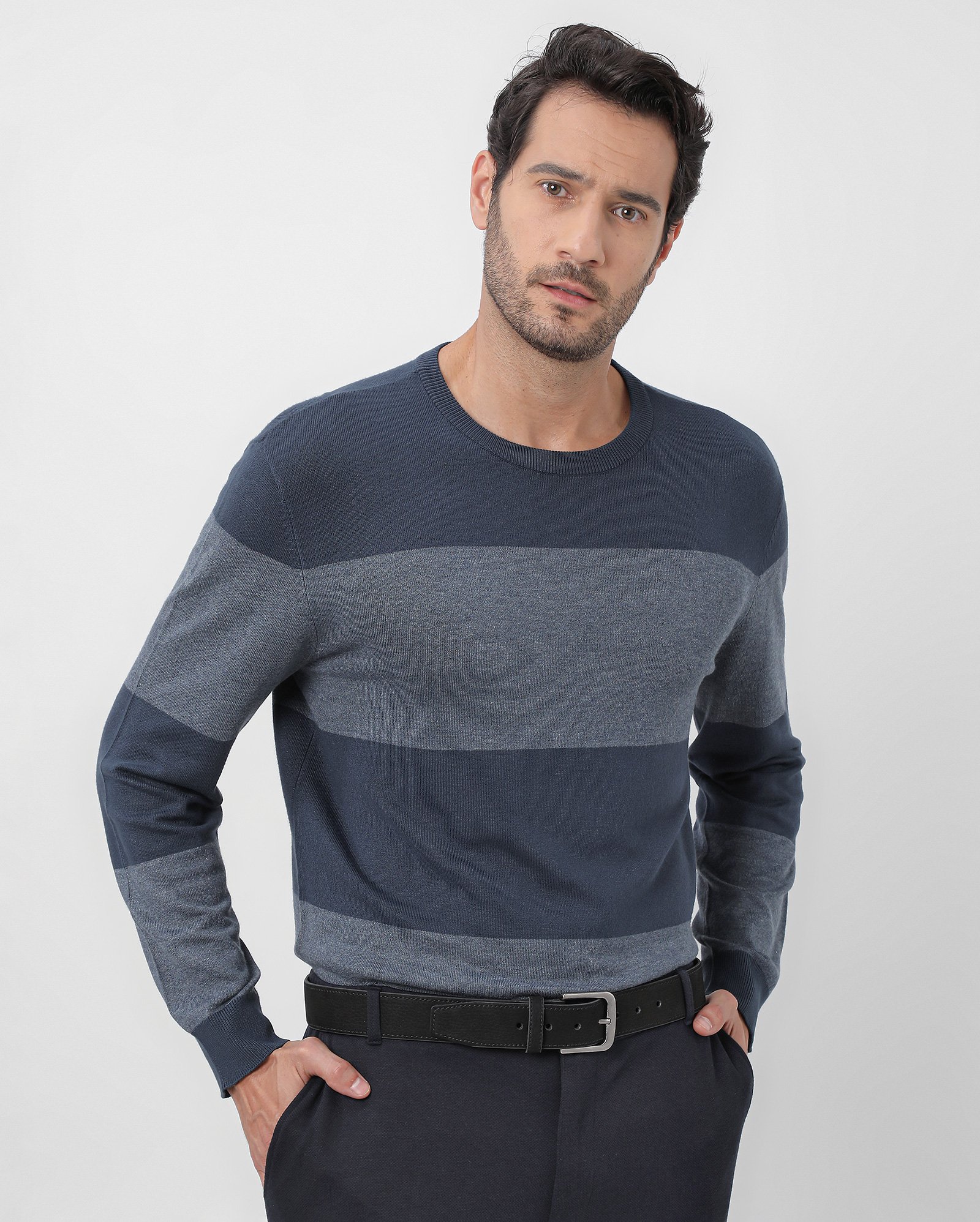 Suéter masculino regular de tricot listras - Azul Escuro