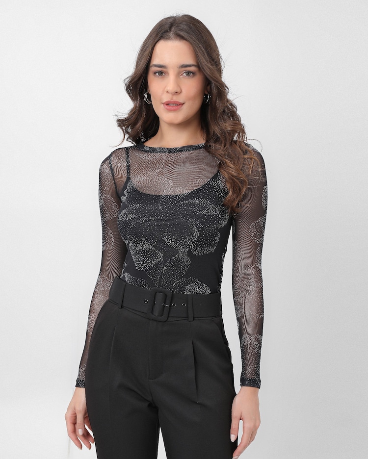 Riachuelo | Blusa feminina de tule manga longa aplicação com brilho preta