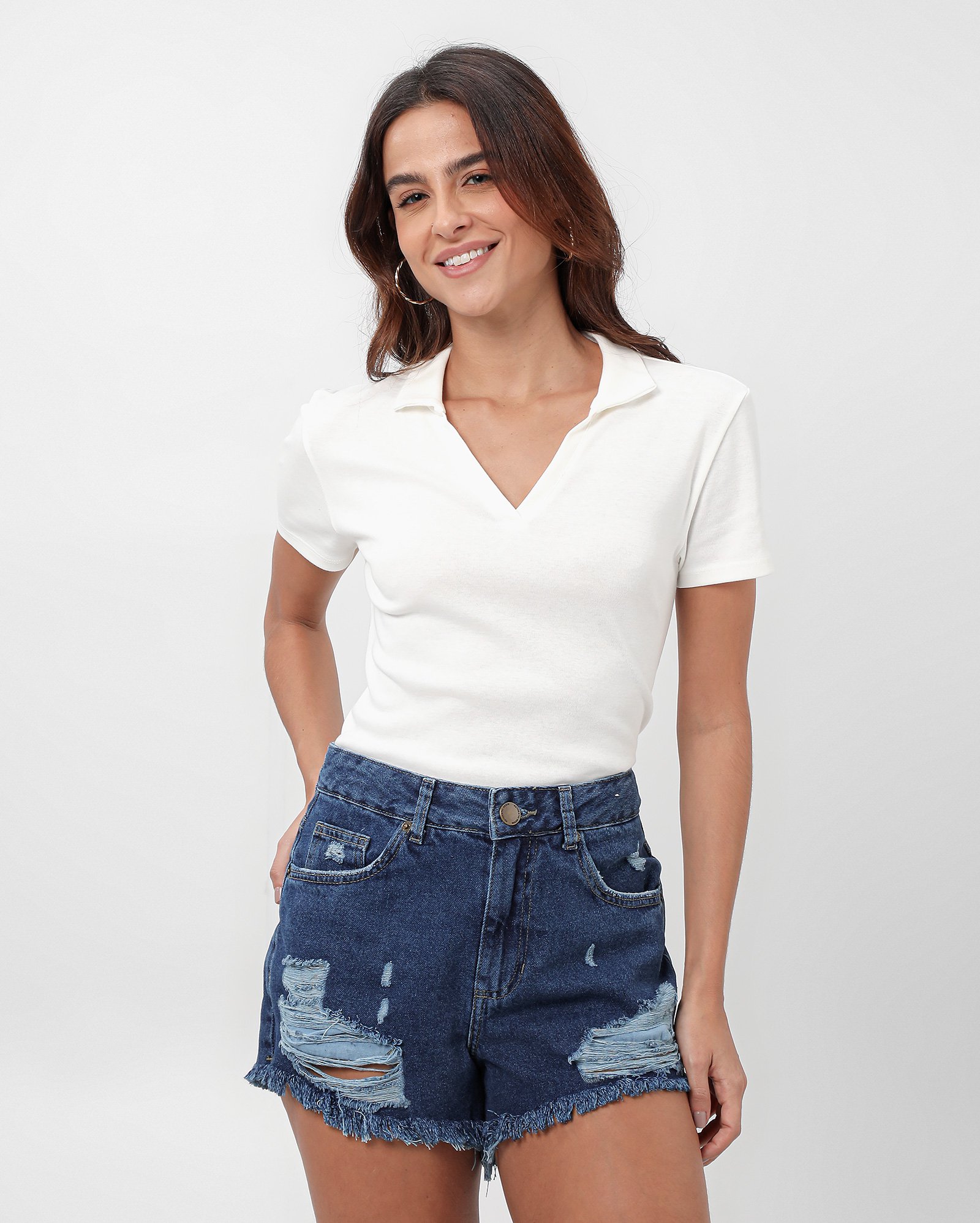 Short jeans feminino destroyed denim escuro | Pool Jeans