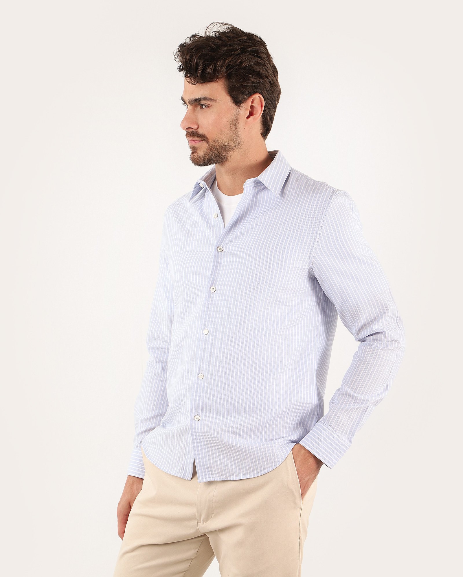 Camisa social masculina slim manga longa listras - Azul Claro — foto 4