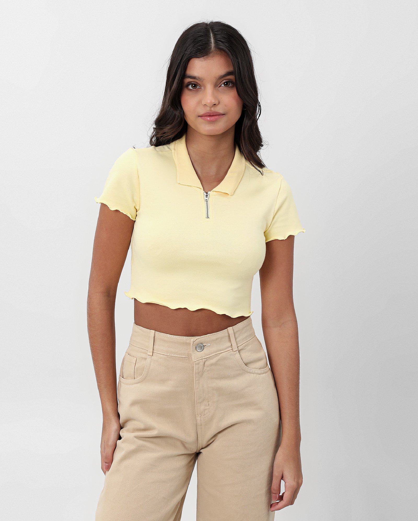 Camisa polo cropped juvenil em ripple com zíper - Amarelo Claro