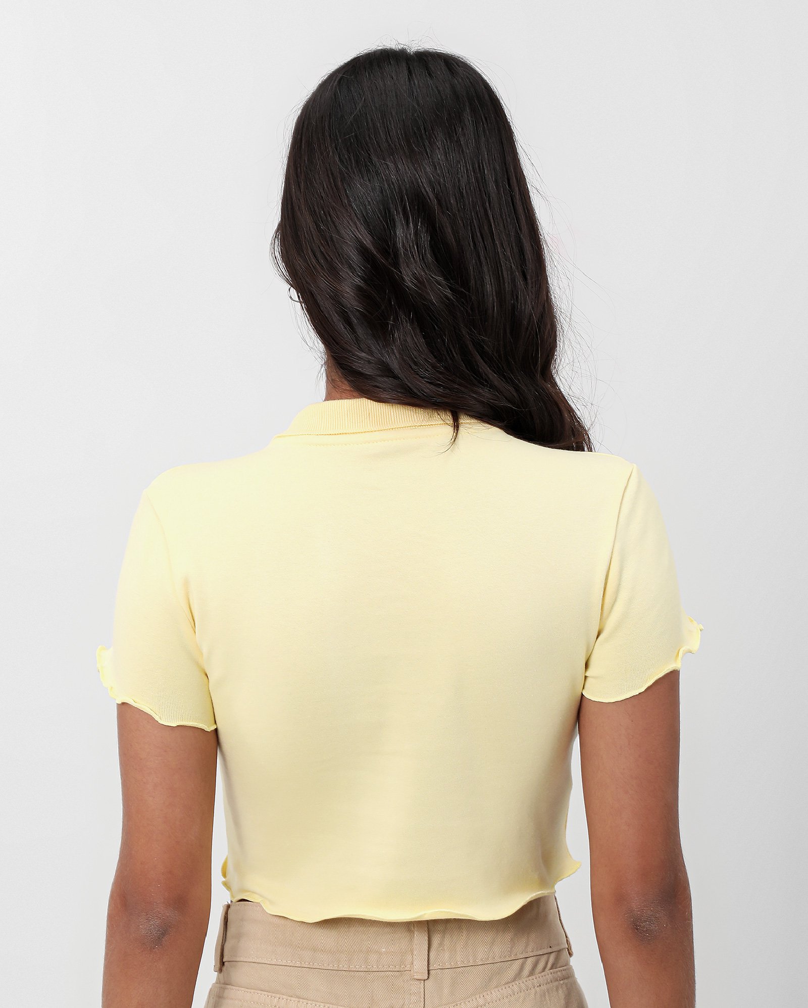 Camisa polo cropped juvenil em ripple com zíper - Amarelo Claro