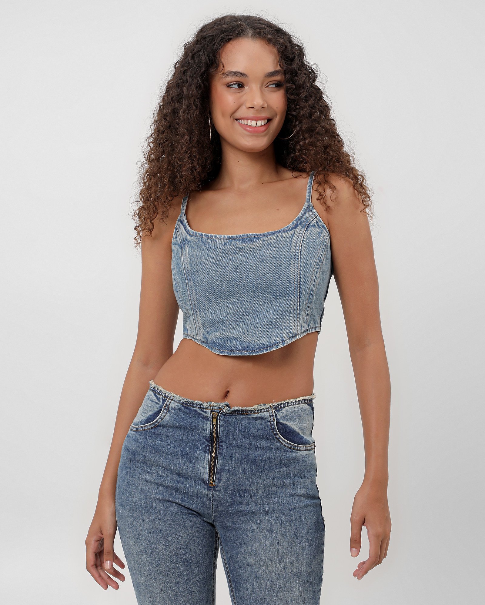 Regata cropped corset jeans pespontada denim claro