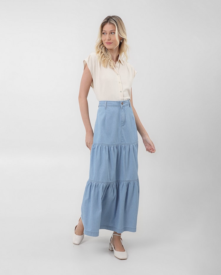 Riachuelo Saia jeans midi evasê barra marias denim claro AK by