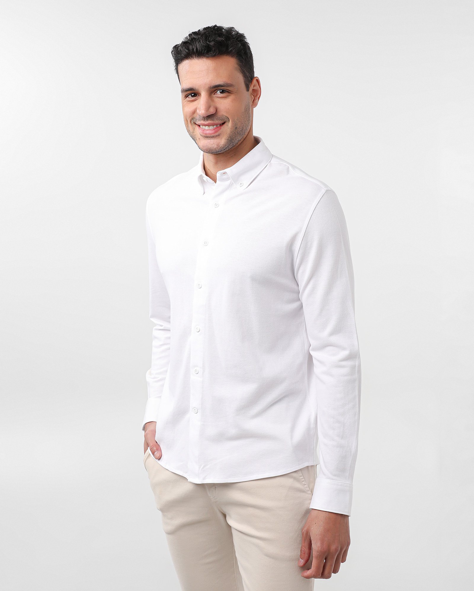 Camisa masculina de manga longa texturizada branca