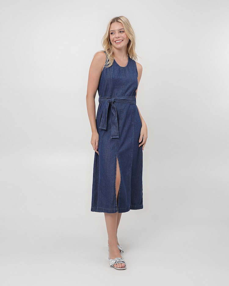 Riachuelo Vestido jeans midi com fenda e faixa denim escuro AK