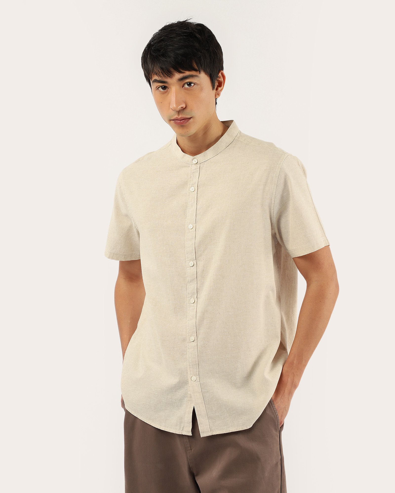 Camisa masculina regular com linho - Bege Claro Mescla