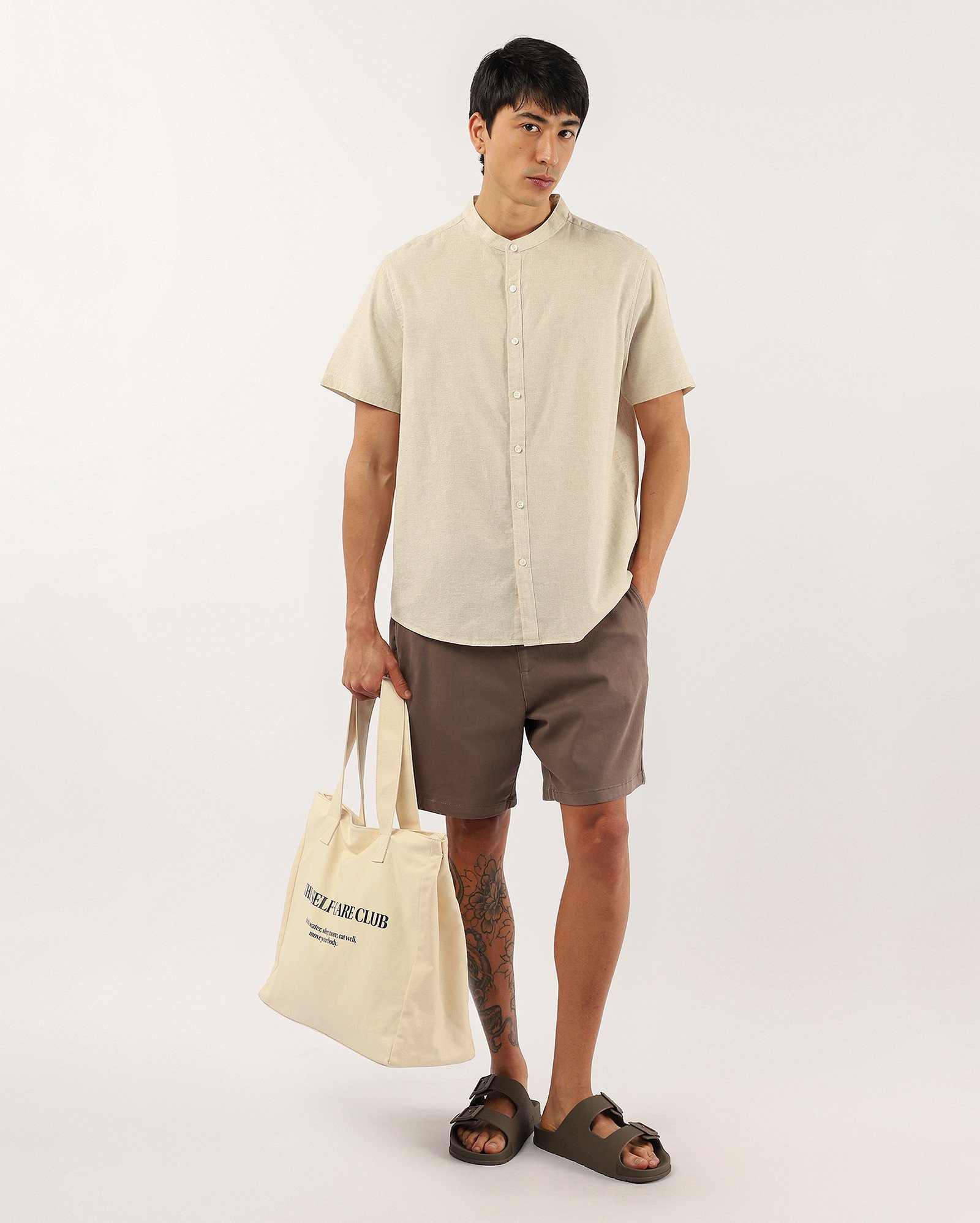 Camisa masculina regular com linho - Bege Claro Mescla
