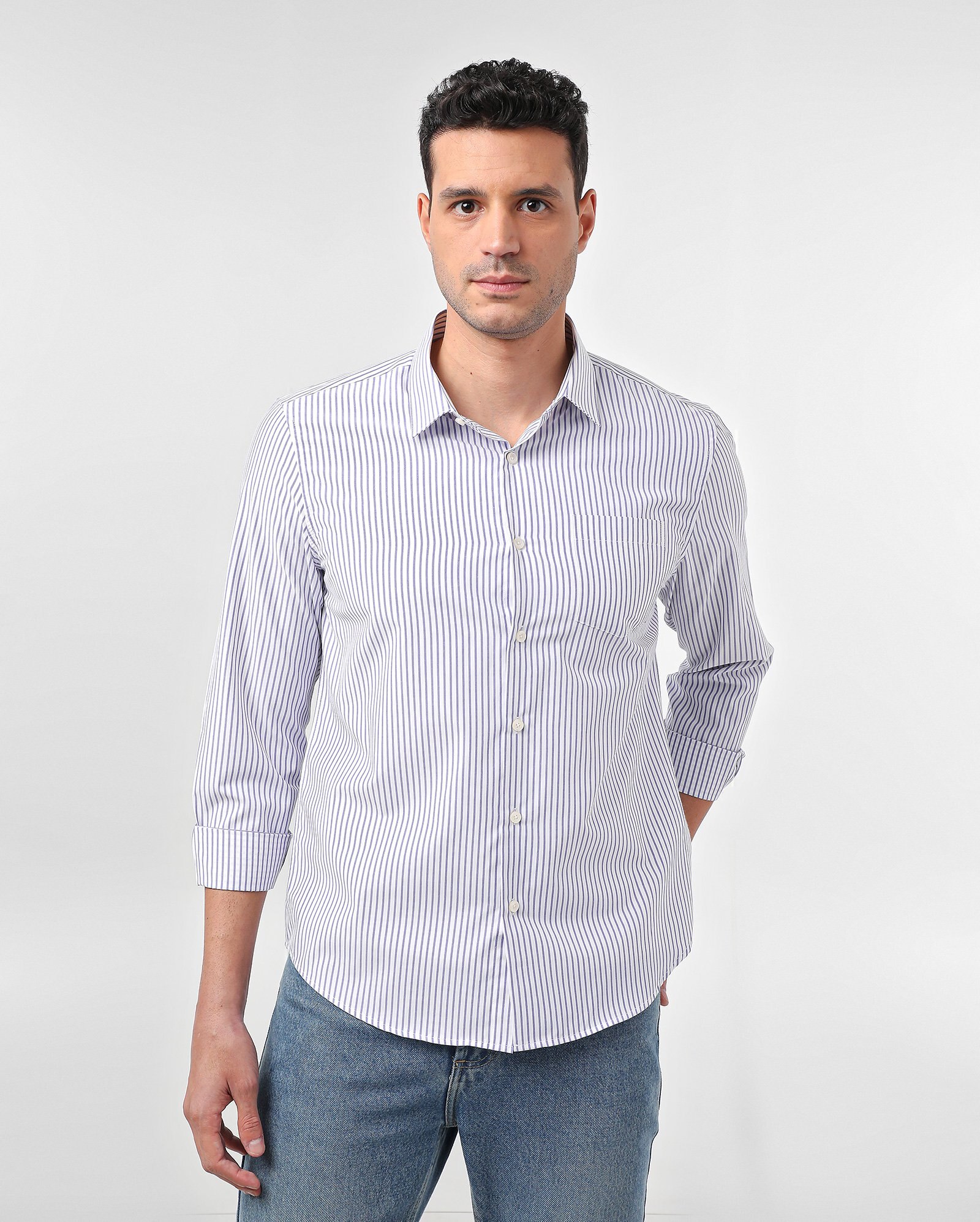 Camisa masculina regular listrada manga longa - Branco | Original by Riachuelo