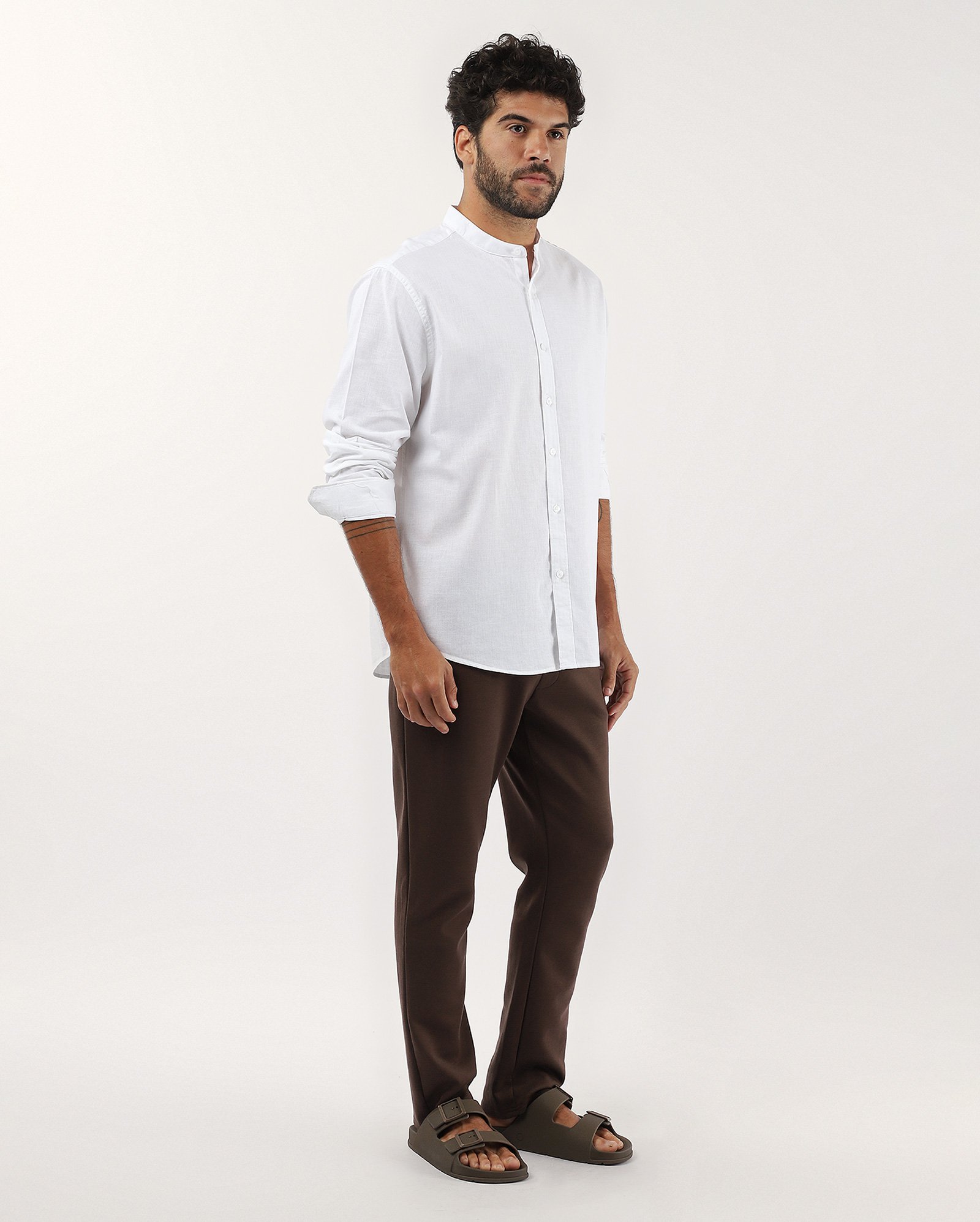 Camisa masculina com linho gola padre - Branco