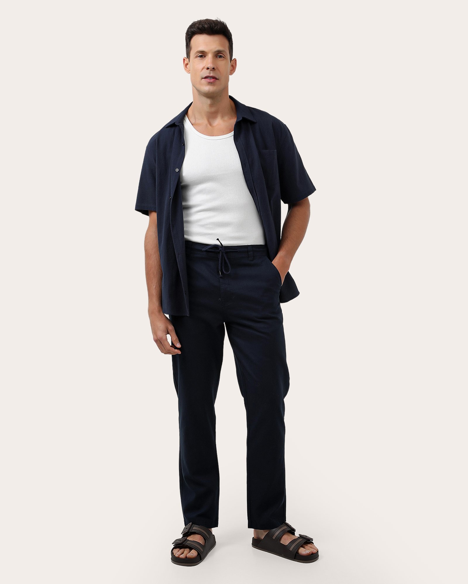 Calça masculina slim com linho e cordão - Azul Escuro | Original
