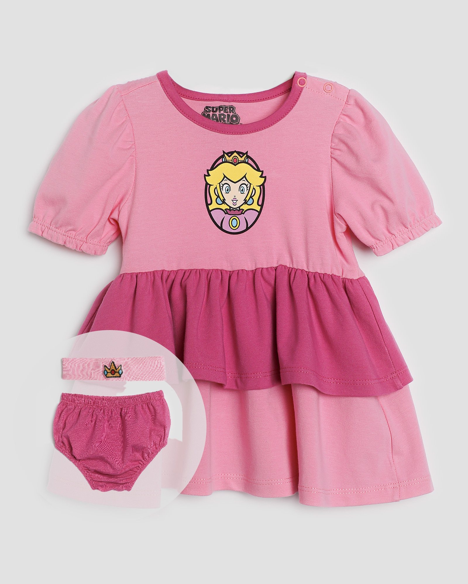 Vestido bebê evasê Peach + calcinha e faixa rosa | FANLAB