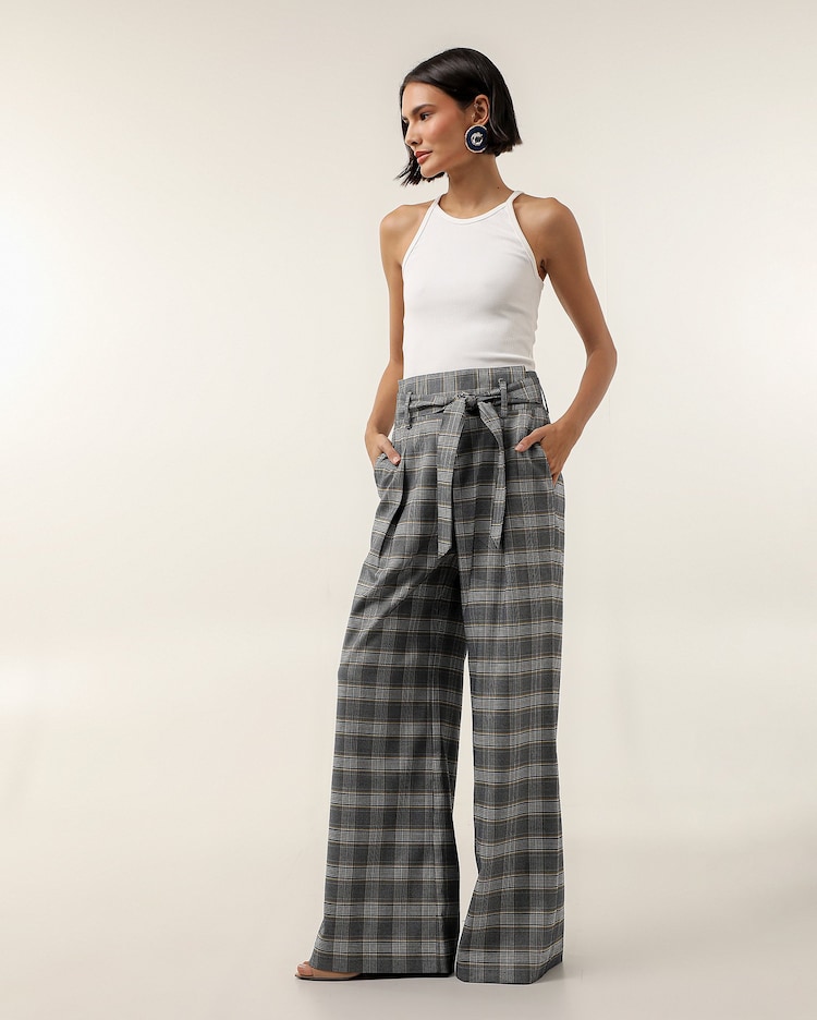 Riachuelo Calça feminina palazzo xadrez com faixa cinza NIINI