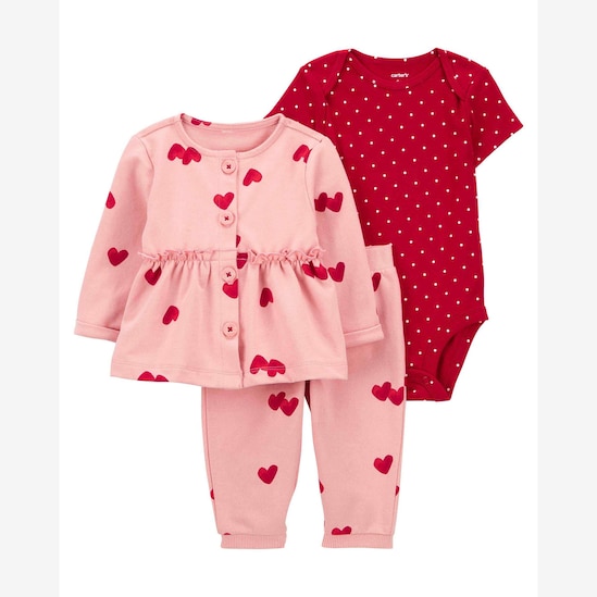 Conjunto longo de moletom bebê 3 peças poá coração multicor | Carter's