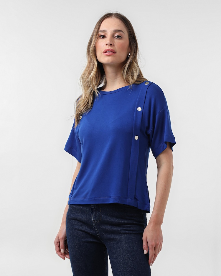 Riachuelo Blusa feminina lisa com botões laterais azul AK by