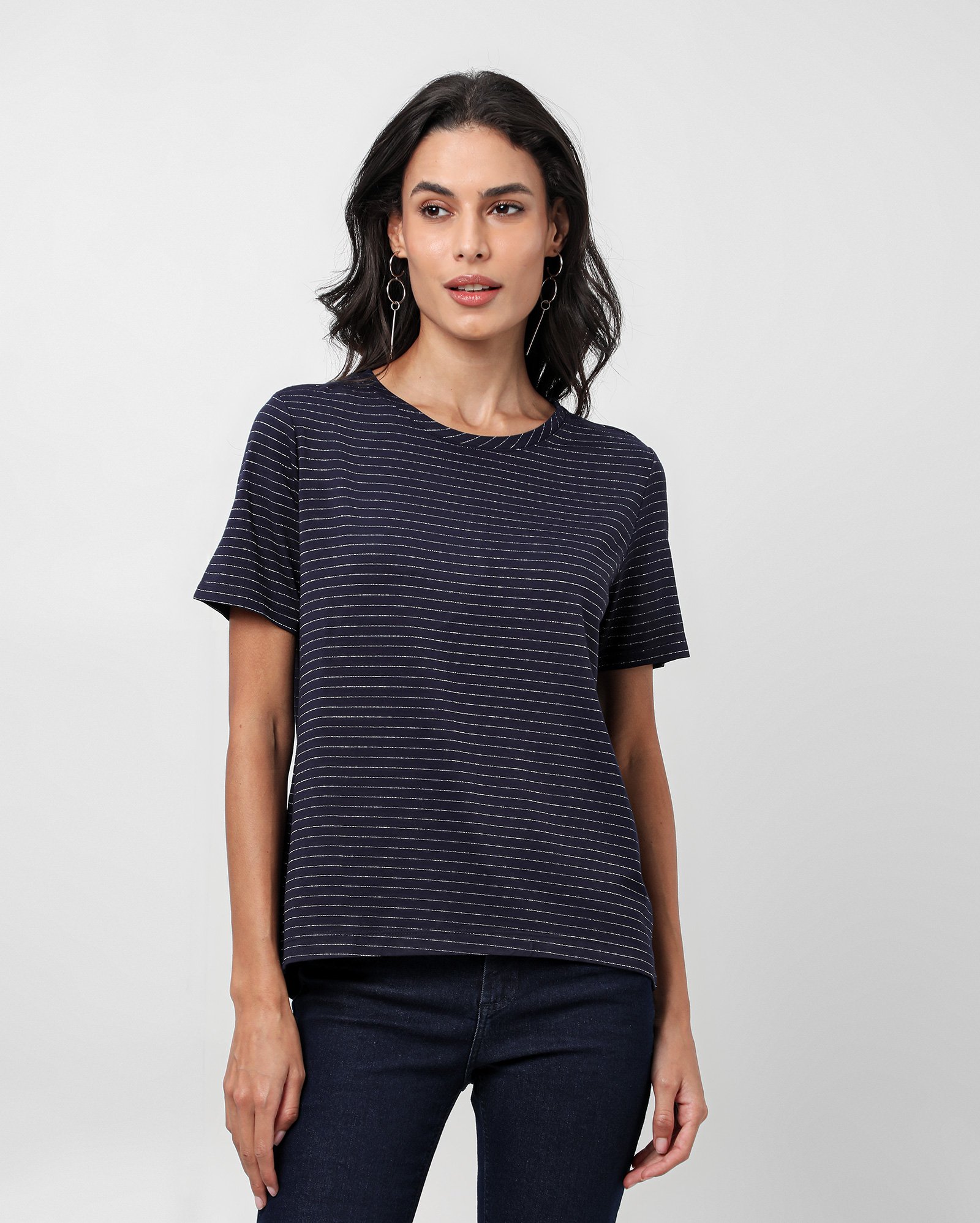 Camiseta feminina listrada Cora fios metalizados - Azul Escuro | AK by Riachuelo