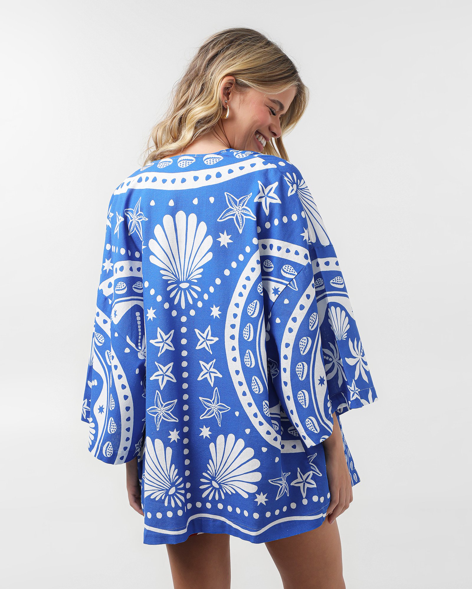 Kimono feminino de viscolinho conchas azul | Pool