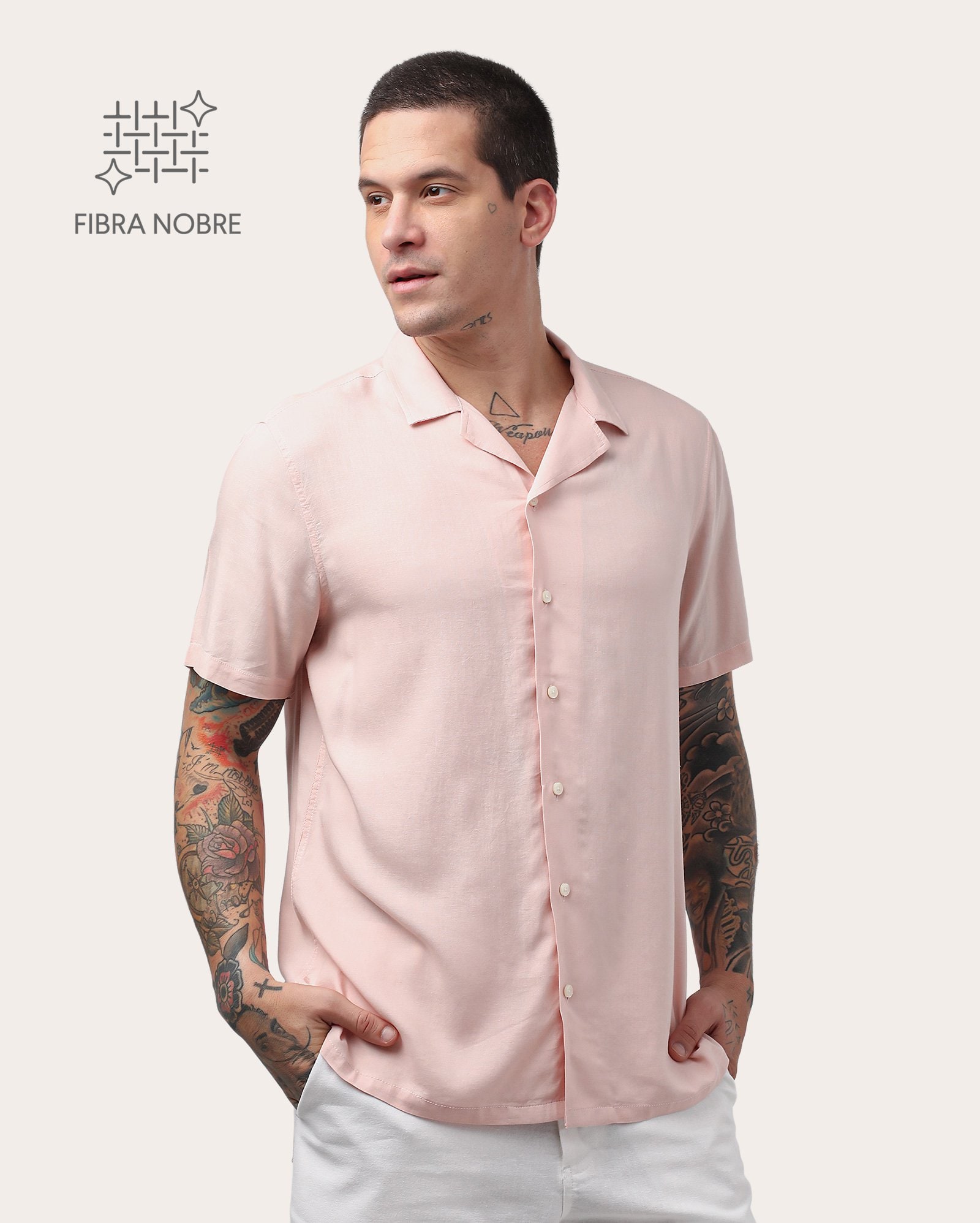 Camisa masculina em viscolinho lisa - Rosa Claro